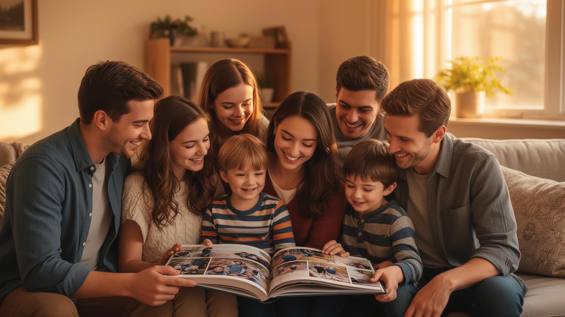Familia disfrutando de un álbum de fotos impreso